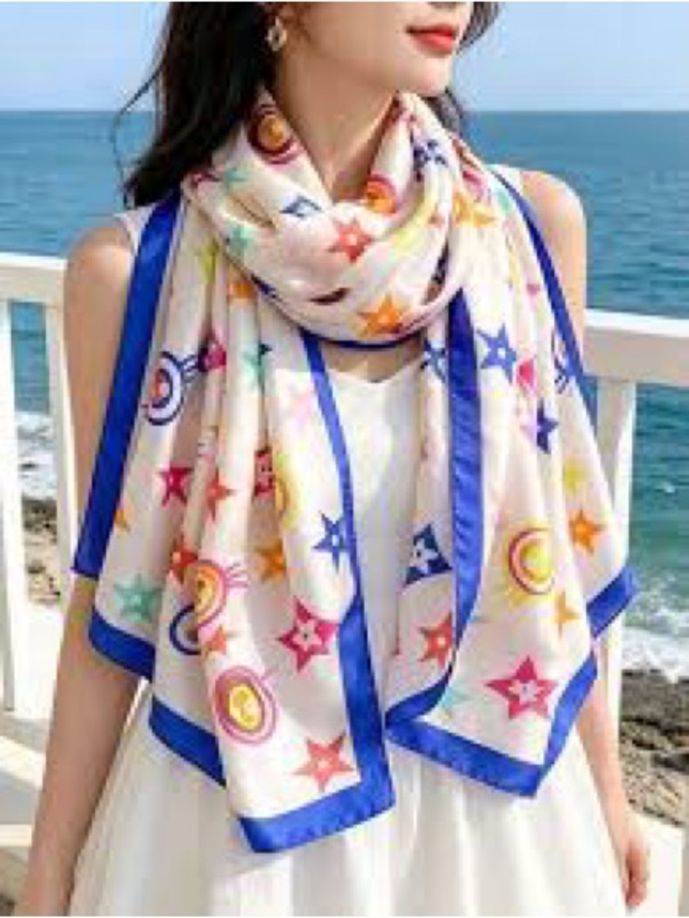 NWT Luxury Silk-Feel Multicolor Star & Circle Print Scarf with Blue Border